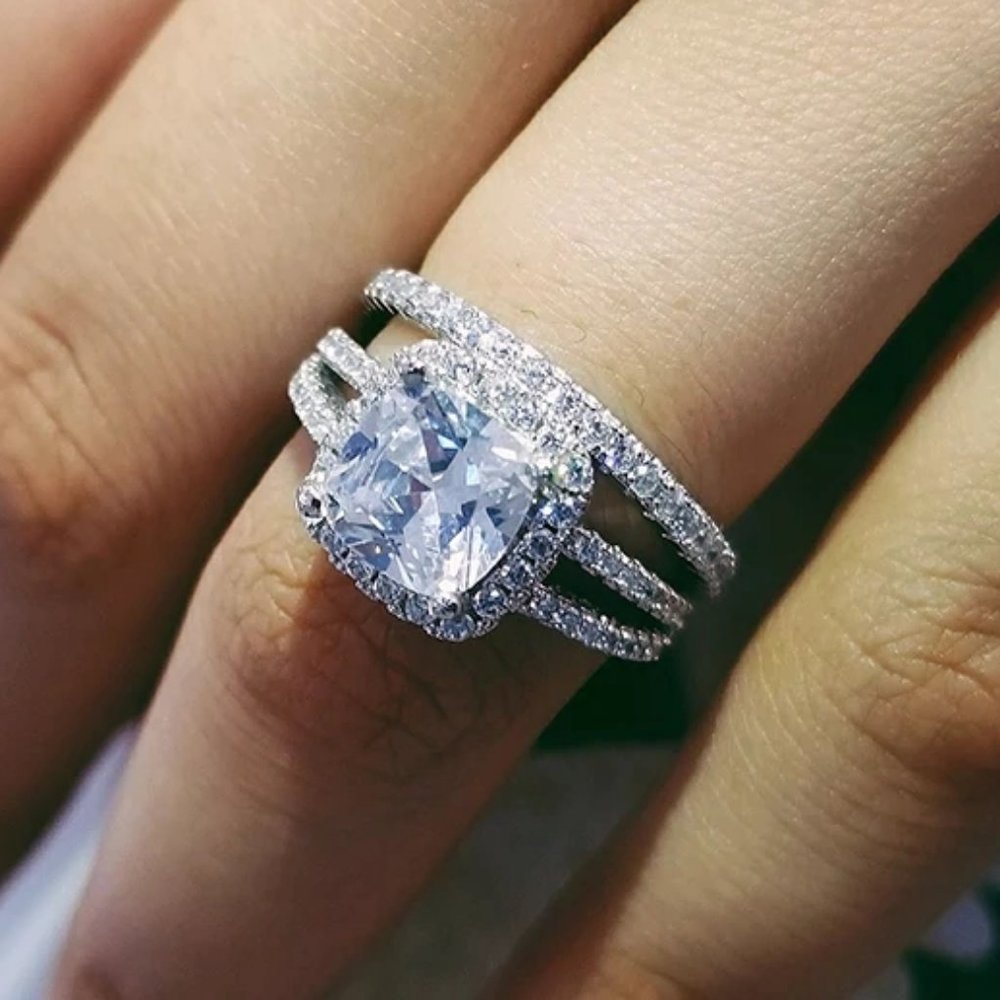 NEW 2pc/set 925 Silver Cushion Diamond Halo Ring